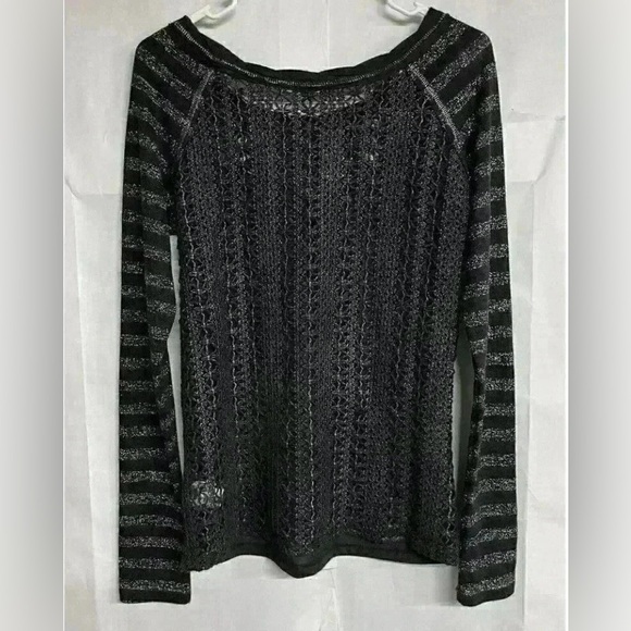 Miss Me Womens Knitted Blouse Black Striped Long Sleeve Scoop Stretch Crochet - Picture 2 of 3